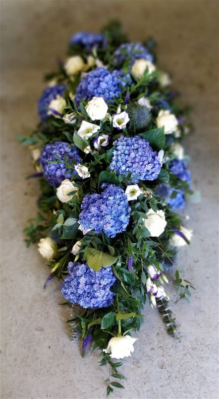 Funeral Flowers | Hydrangea casket spray.