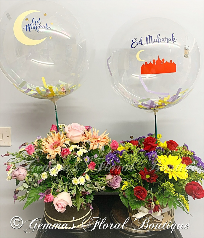 Christmas | Flowers for Eid | Weddings  | Eid flowers, Hatbox with balloon