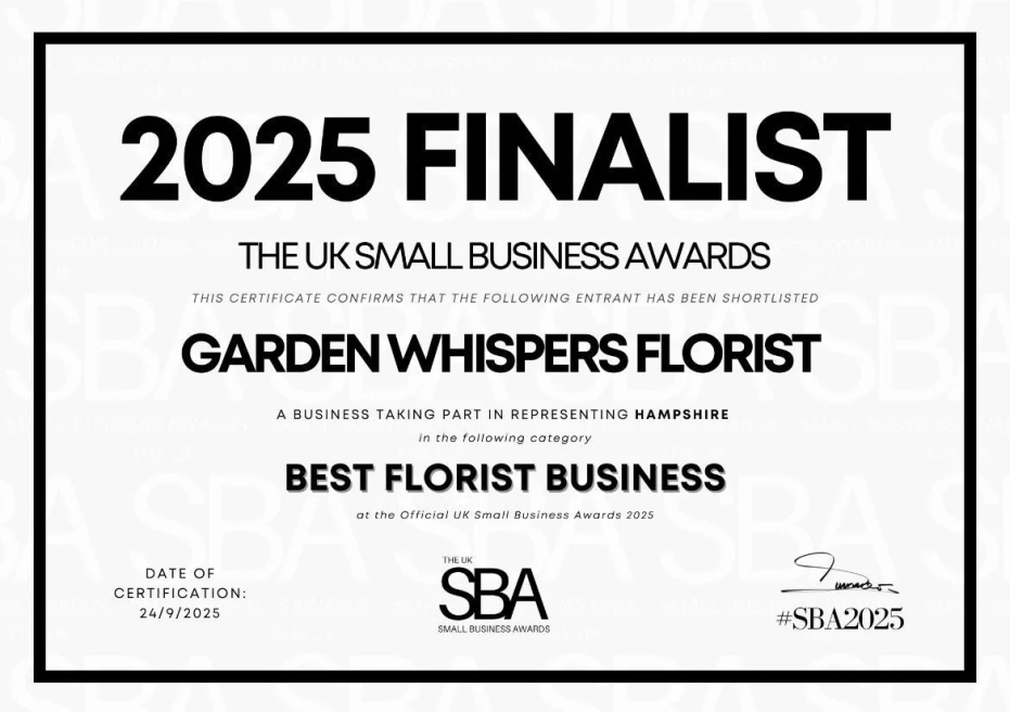 Garden Whispers Florist | Fareham | Garden Whispers Florist Named Finalist in the UK Small Business Awards 2025