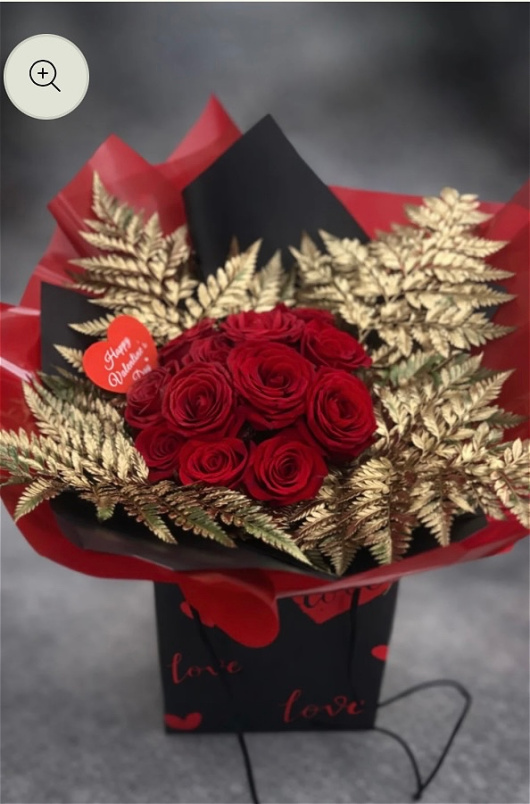 Valentines 2026 | Red Roses With Gold Leather Leaf