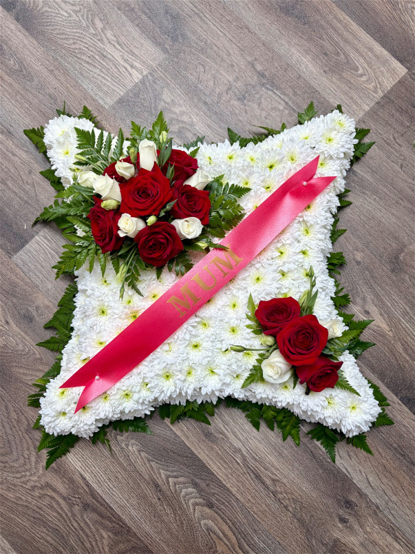 Funeral Flowers | Red & White Rose Traditional Cushion