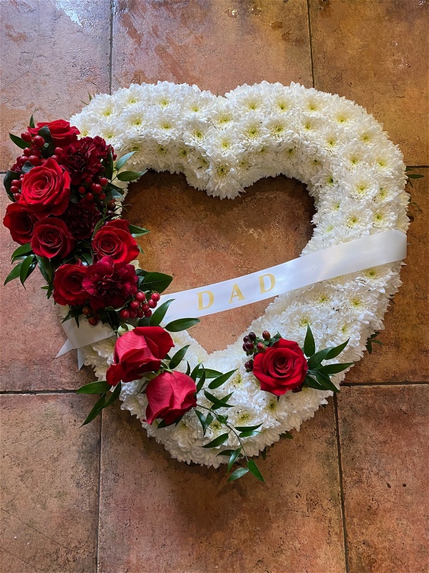 Hearts  | Red Rose And Berry Spray On Open White Massed Heart