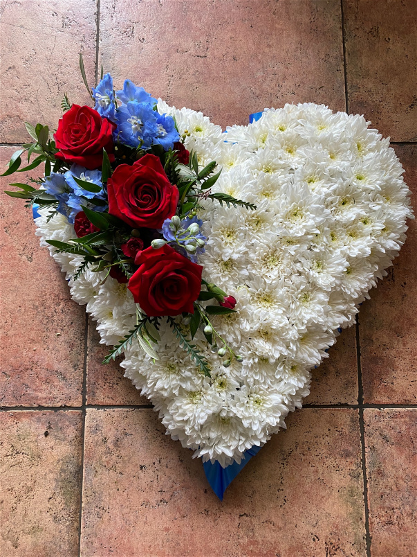 Hearts  | Red Rose And Blue Spray On Solid White Massed Heart