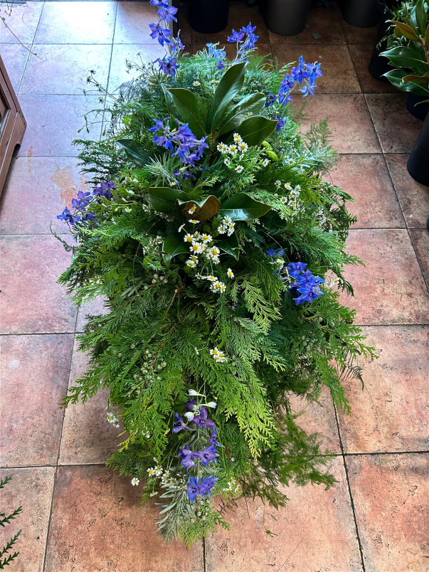 Funeral ~ Sprays | Woodland Blue Sympathy Spray ~ With Camomile & Delphinium