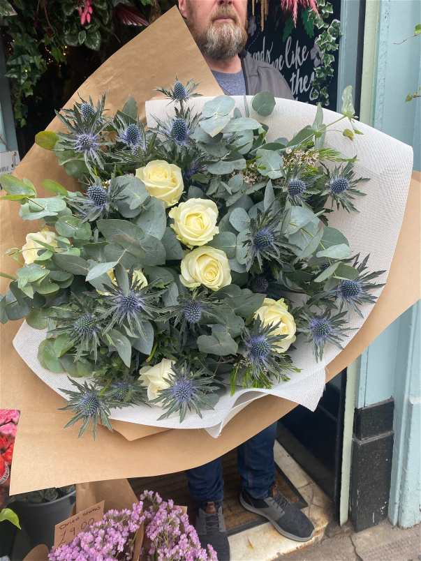 Bouquet | Eucalyptus with Thistles and White Roses ~ Bouquet