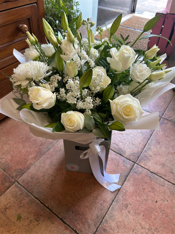 Boxed ~ Hand-Ties | Sympathy Flowers ~ For The House | Ivory Elegance ~ luxury white Flower Boxed Hand-tie