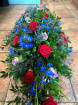 Sprays | Double Ended Spray ~ With Red Roses, Thistles With Deep Ble Delphiniums