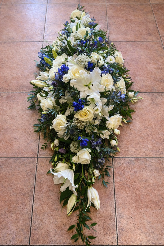 Sympathy Sprays | Double Ended Spray ~ Open White Lilies & Deep Blues