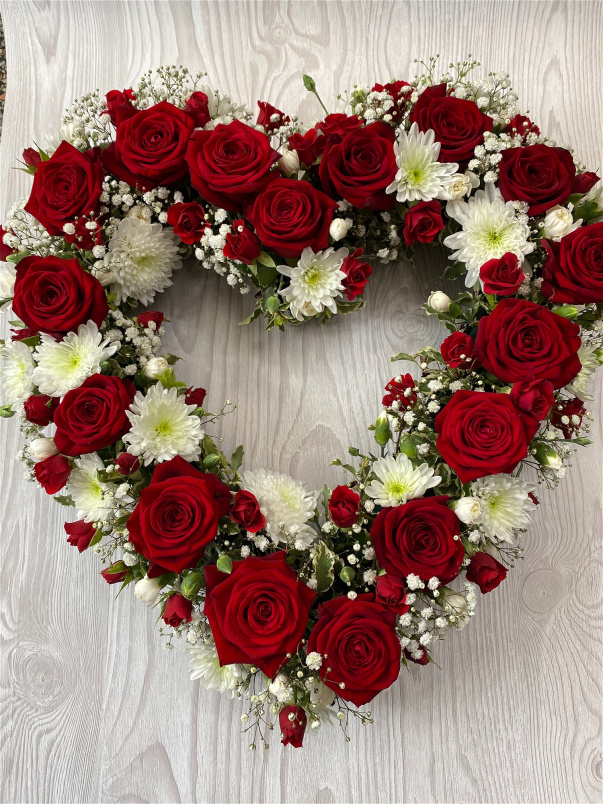 Funeral- hearts and cushions | Open Rose Heart Tribute