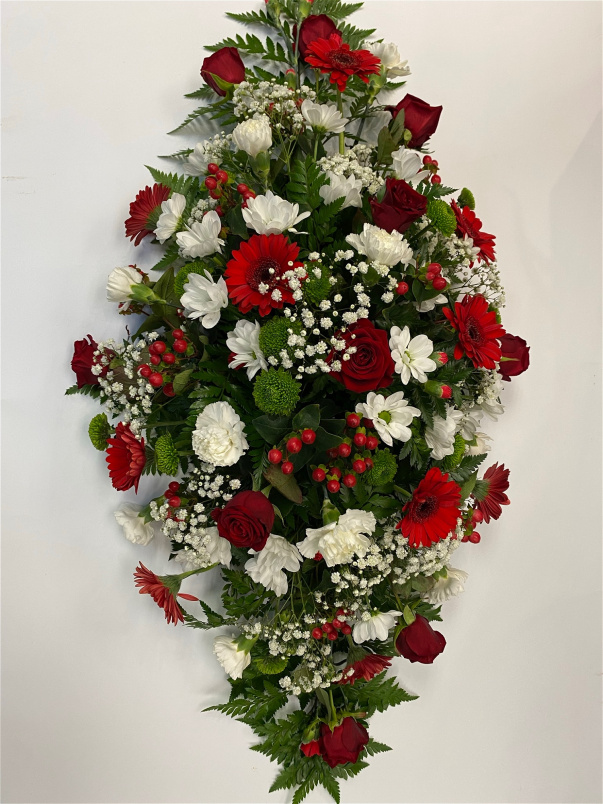 Funeral- casket sprays  | Red and White Casket Spray
