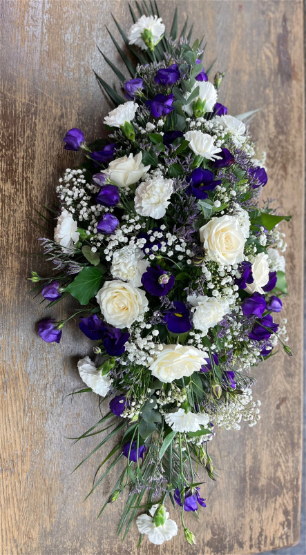 Funeral- casket sprays  | Purple and White Casket Spray
