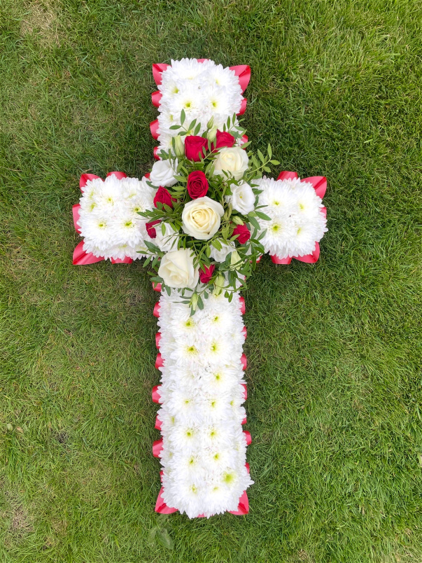 Funeral Flowers | White Based Cross